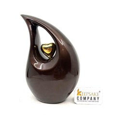 Brown Teardrop metal Cremation Urn with Golden Heart in Medium size (6 Inches/ 15 centimetres) height From Keepsake Company