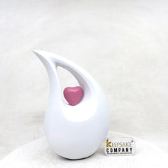 White matt Teardrop Cremation Urn with Pink Heart in Medium size (6 Inches/ 15 centimeters) height - Urn for Human Ashes - Memorial Urn