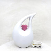 White matt Teardrop Cremation Urn with Pink Heart in Medium size (6 Inches/ 15 centimeters) height - Urn for Human Ashes - Memorial Urn
