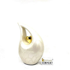 White Pearl Teardrop Medium Urns for Human Ashes With Golden Heart (6"/15 CM) height- Medium Urn - Decorative Urns - From Keepsake Company