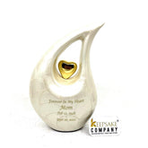 White Pearl Teardrop Medium Urns for Human Ashes With Golden Heart (6"/15 CM) height- Medium Urn - Decorative Urns - From Keepsake Company