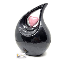Keepsake Company's Jade Black Pearl Enamel Teardrop Adult Cremation Urn with Pink Heart Insert For Human Ashes perfect for Adults.