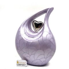 Keepsake Company's Pearl Purple Enamel Adult teardrop Cremation Urn with sterling silver plated heart for human Ashes