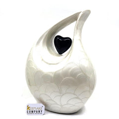 White teardrop Cremation Urn with Black Heart for Ashes - Urn for Human Ashes - Memorial Urtn - Ash Urn- Funeral Urn - Keepsake Urn