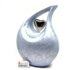 Keepsake Company's Pearl LIght Blue Enamel Adult teardrop Cremation Urn with Silver brass heart For Human Ashes