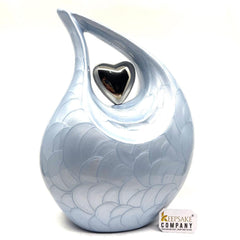 Keepsake Company's Pearl LIght Blue Enamel Adult teardrop Cremation Urn with Silver brass heart For Human Ashes