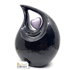 Keepsake Company's Jade Black Pearl Enamel Teardrop Adult Cremation Urn with Lavender Heart For Human Ashes perfect for Adults.