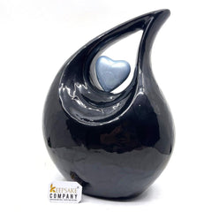 Keepsake Company's Jade Black Pearl Enamel Teardrop Adult Cremation Urn with Sky Blue Heart For Human Ashes perfect for Adults.