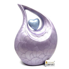 Keepsake Company's Purple Pearl teardrop Enamel Adult Cremation Urn with sky Blue Enamel Heart For Human Ashes