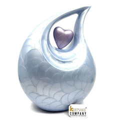 Keepsake Company's Light Blue Pearl teardrop Enamel Adult Cremation Urn with Shining Lavender Heart For Human Ashes