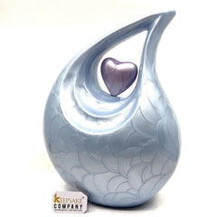 Keepsake Company's Light Blue Pearl teardrop Enamel Adult Cremation Urn with Shining Lavender Heart For Human Ashes