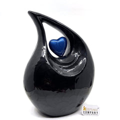 Black Teardrop Adult Cremation Urn with Blue Heart - Ash Urn - Memorial Urns - Funeral Urn - Personalized Urn - Keepsake Urn - Urn for Ash