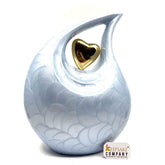 Keepsake Company's Pearl LIght Blue Enamel Adult teardrop Cremation Urn with 24 carat Gold plated brass heart For Human Ashes