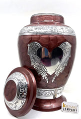 Keepsake Company's Dark Brown Enameled Adult cremation Urn with Angel Wing and Heart design