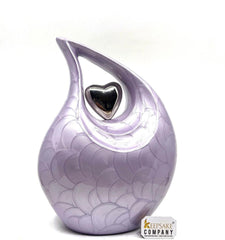Keepsake Company's Pearl Purple Enamel Adult teardrop Cremation Urn with sterling silver plated heart for human Ashes