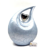 Keepsake Company's Pearl LIght Blue Enamel Adult teardrop Cremation Urn with Silver brass heart For Human Ashes