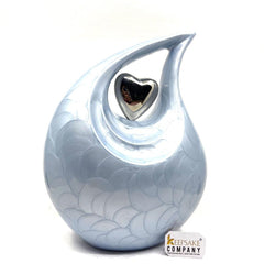 Keepsake Company's Pearl LIght Blue Enamel Adult teardrop Cremation Urn with Silver brass heart For Human Ashes