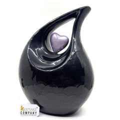 Keepsake Company's Jade Black Pearl Enamel Teardrop Adult Cremation Urn with Lavender Heart For Human Ashes perfect for Adults.