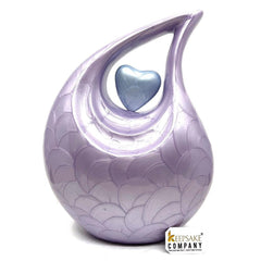 Keepsake Company's Purple Pearl teardrop Enamel Adult Cremation Urn with sky Blue Enamel Heart For Human Ashes