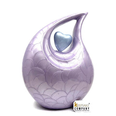 Keepsake Company's Purple Pearl teardrop Enamel Adult Cremation Urn with sky Blue Enamel Heart For Human Ashes