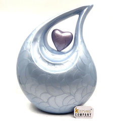 Keepsake Company's Light Blue Pearl teardrop Enamel Adult Cremation Urn with Shining Lavender Heart For Human Ashes