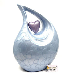 Keepsake Company's Light Blue Pearl teardrop Enamel Adult Cremation Urn with Shining Lavender Heart For Human Ashes