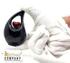Keepsake Company's Black teardrop mini Cremation Urn with Red Heart for Human Ashes - Perfect for Adult and Infants