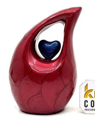 Red teardrop mini Cremation Urn with Dark Blue Heart for Human Ashes - Perfect for Adult and Infants
