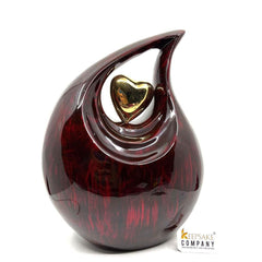 Gorgeous Maroon / Red Adult teardrop Cremation Urn for Human Ashes with Golden heart / Urn for Ashes from Keepsake Company