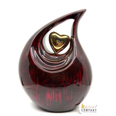 Gorgeous Maroon / Red Adult teardrop Cremation Urn for Human Ashes with Golden heart / Urn for Ashes from Keepsake Company