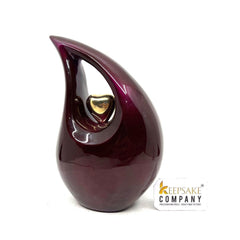 Maroon Teardrop metal Cremation Urn with Golden Heart in Medium size (6 Inches/ 15 centimetres) height From Keepsake Company