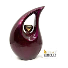 Maroon Teardrop metal Cremation Urn with Golden Heart in Medium size (6 Inches/ 15 centimetres) height From Keepsake Company