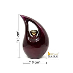 Maroon Teardrop metal Cremation Urn with Golden Heart in Medium size (6 Inches/ 15 centimetres) height From Keepsake Company
