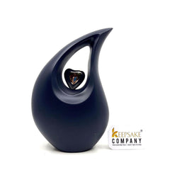 Blue matt Teardrop metal Cremation Urn with Silver Heart in Medium size (6 Inches/ 15 centimetres) height From Keepsake Company