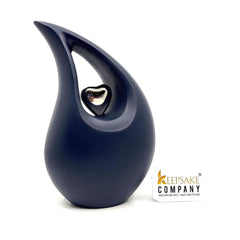 Blue matt Teardrop metal Cremation Urn with Silver Heart in Medium size (6 Inches/ 15 centimetres) height From Keepsake Company