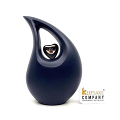 Blue matt Teardrop metal Cremation Urn with Silver Heart in Medium size (6 Inches/ 15 centimetres) height From Keepsake Company