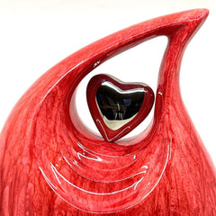 Red Textured Adult Teardrop Cremation Urn with Silver heart For Human Ashes from Keepsake Company