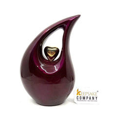 Maroon Teardrop metal Cremation Urn with Golden Heart in Medium size (6 Inches/ 15 centimetres) height From Keepsake Company