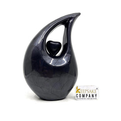 Black Pearl Teardrop metal Cremation Urn with Black Heart in Medium size (6 Inches/ 15 centimetres) height From Keepsake Company