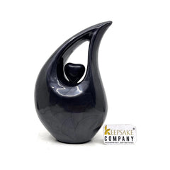 Black Pearl Teardrop metal Cremation Urn with Black Heart in Medium size (6 Inches/ 15 centimetres) height From Keepsake Company