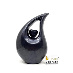 Black Pearl Teardrop metal Cremation Urn with Black Heart in Medium size (6 Inches/ 15 centimetres) height From Keepsake Company