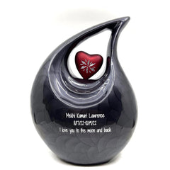 Black Pearl Enamel Teardrop Adult Cremation Urn with Engraved Red Heart For Ashes / Cremation Urns for Ashes adult by keepsake company
