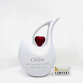 White matt Teardrop metal Cremation Urn with Red Heart in Medium size (6 Inches/ 15 centimeters) height - small urns for human ashes