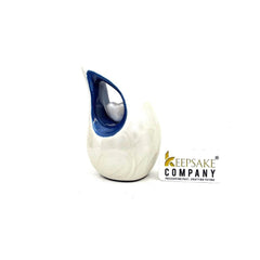 Pearl White Teardrop Mini Cremation Urn with Blue Neck and White Heart - Small Urn - Mini Urns Human Ashes - Urn for Ash from Keepsake Co.