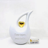 White matt Teardrop metal Cremation Urn with Golden Heart in Medium size (6 Inches/ 15 centimeters) height - Urn For Ashes - Ash Urn