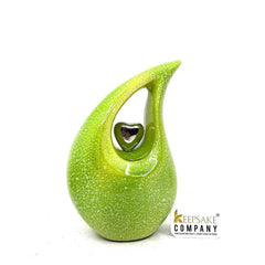 Green Teardrop Cremation Urn with Silver Heart in Medium size (6 Inches/ 15 centimetres) / Urn for Ashes / Memorial Urn / Keepsake for Ash