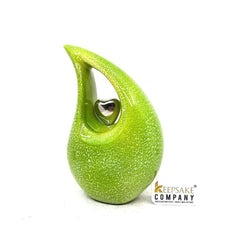 Green Teardrop Cremation Urn with Silver Heart in Medium size (6 Inches/ 15 centimetres) / Urn for Ashes / Memorial Urn / Keepsake for Ash
