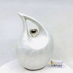 White Pearl Teardrop Cremation urn with Silver Heart - Urn- Urns for Ashes - Medim Urn / Ash Urn - Personalized Urn (7 Inches Height)
