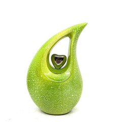 Green Teardrop Cremation Urn with Silver Heart in Medium size (6 Inches/ 15 centimetres) / Urn for Ashes / Memorial Urn / Keepsake for Ash