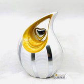 White Teardrop Cremation Urn with Yellow Neck, Golden Heart urns & Chrome strips for ashes - urns for ashes - urn for ashes - Keepsak Urn